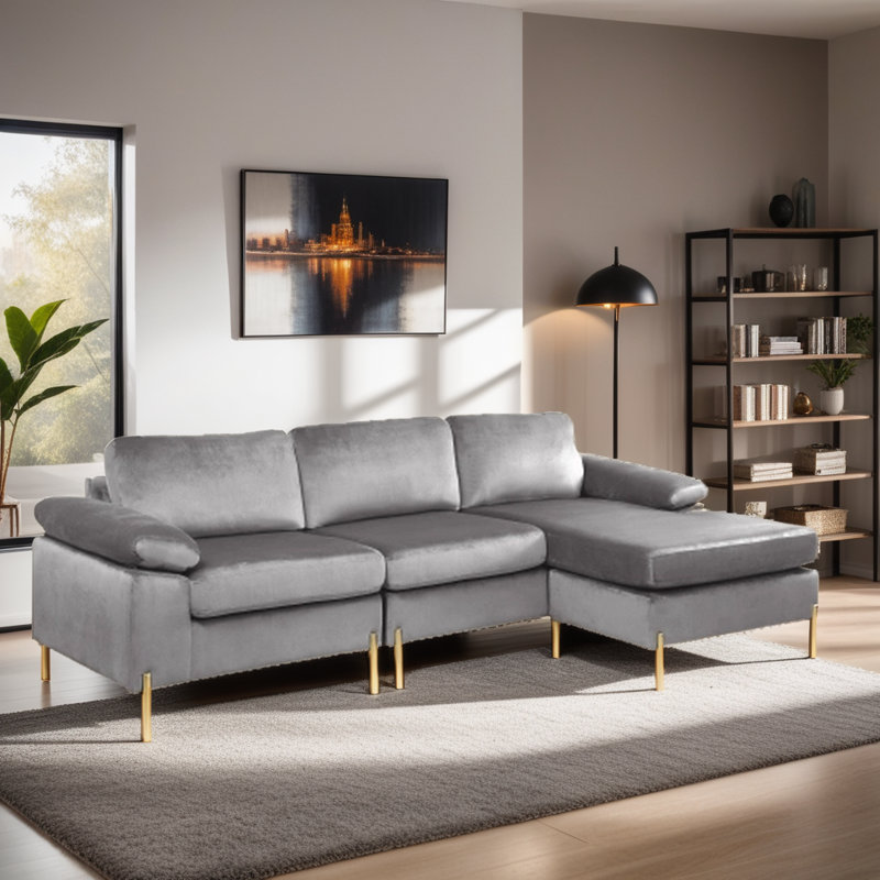 Saidel Velvet L-Shaped Sectional Reversible, Gray Velvet