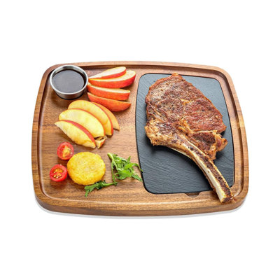Plateau de service en bois d'acacia avec insert en ardoise amovible et tasse à sauce - idéal pour le steak, les saucisses, le fromage - plateau de planche à découper polyvalent pour la pendaison de crémaillère, les cadeaux de Noël