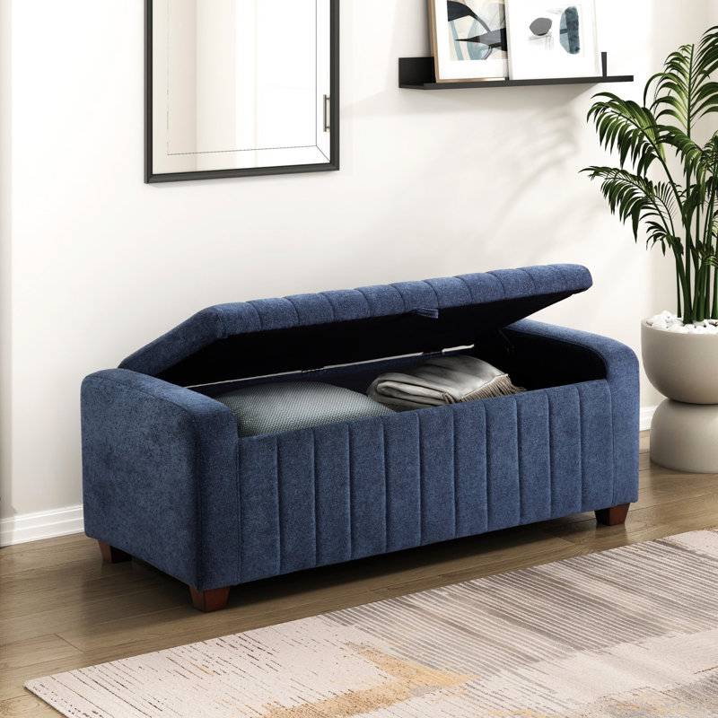 Plywood Bench With Blue Boucle Cushion And Storage Feature Fabric Covered Convenient Option, Blue