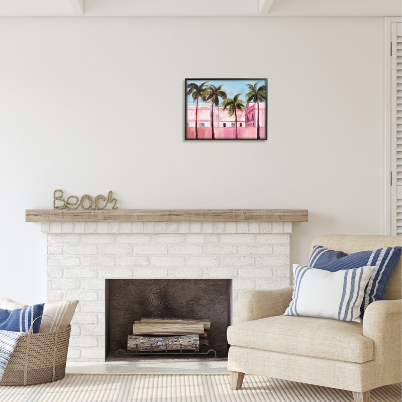 Bb-371 - Encadré de bâtiments roses tropicaux encadrés sur bois par Ziwei Li, peinture, Giclée encadrée noir minuit