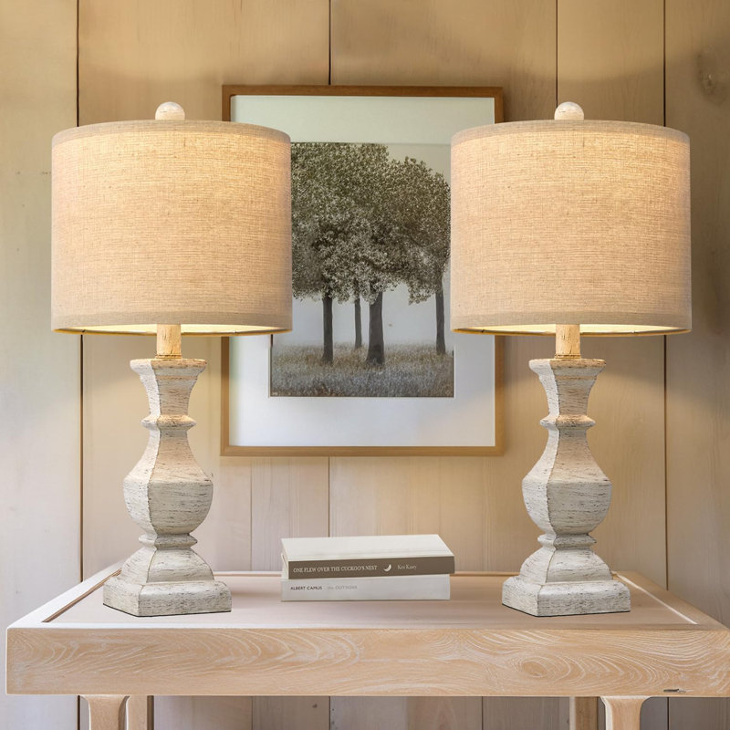 White Rustic Wood Table Lamps Set of 2