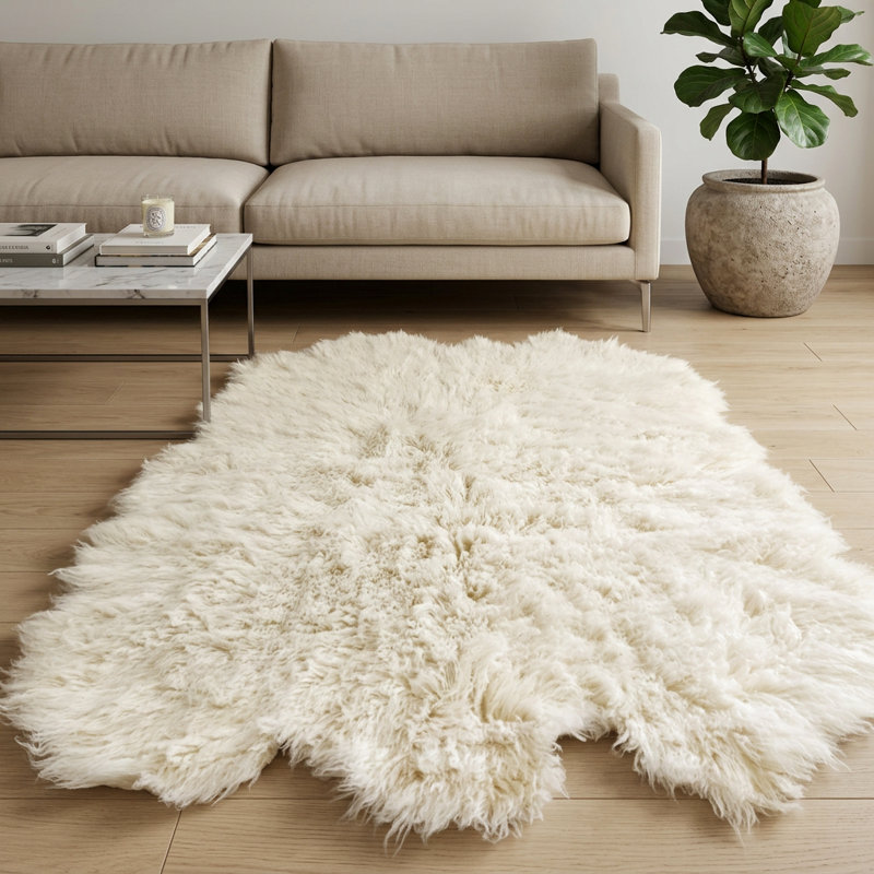 Stylish Sheepskin Shape Flokati Rug. organic wool pile. Shaggy Wool Area Rug, 6' x 9'