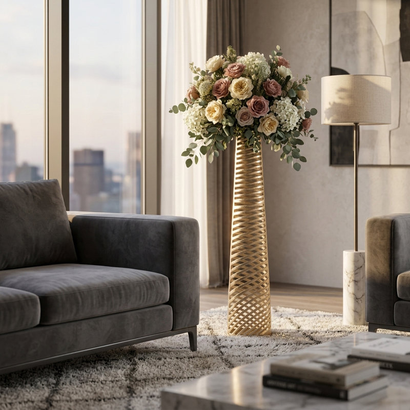 Contemporary Textured Cylinder Metal Tall Floor Vase for Home Tabletop Display - Tall table Vase for Entryway & Living Room Flower Arrangement - Champagne