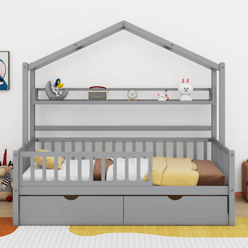 Lit avec tablette de rangement Zyreon, Simple, Gris