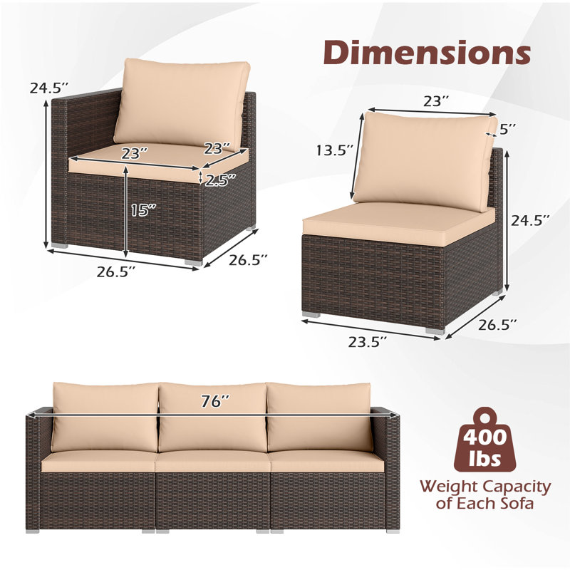 Ensemble de canapé modulaire d'extérieur 3 pièces avec coussins, beige, Beige, Brun