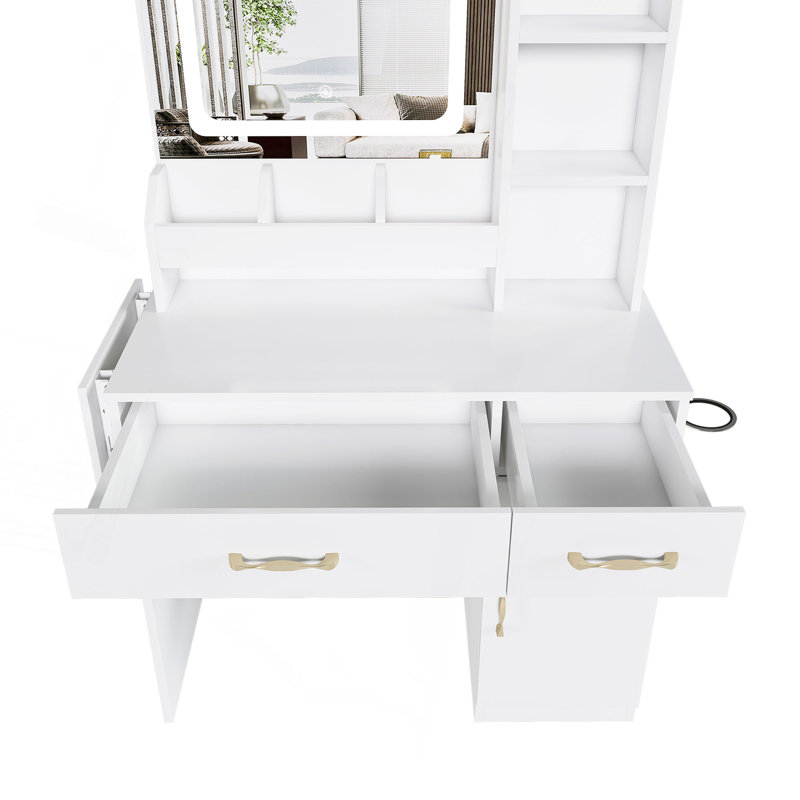 Vanity Desk With LED Mirror Lights And Power Outlet Charging Station, Makeup Dressing Table With 3 Drawers, 7 Shelves And Storage Stool, For Girls And Women