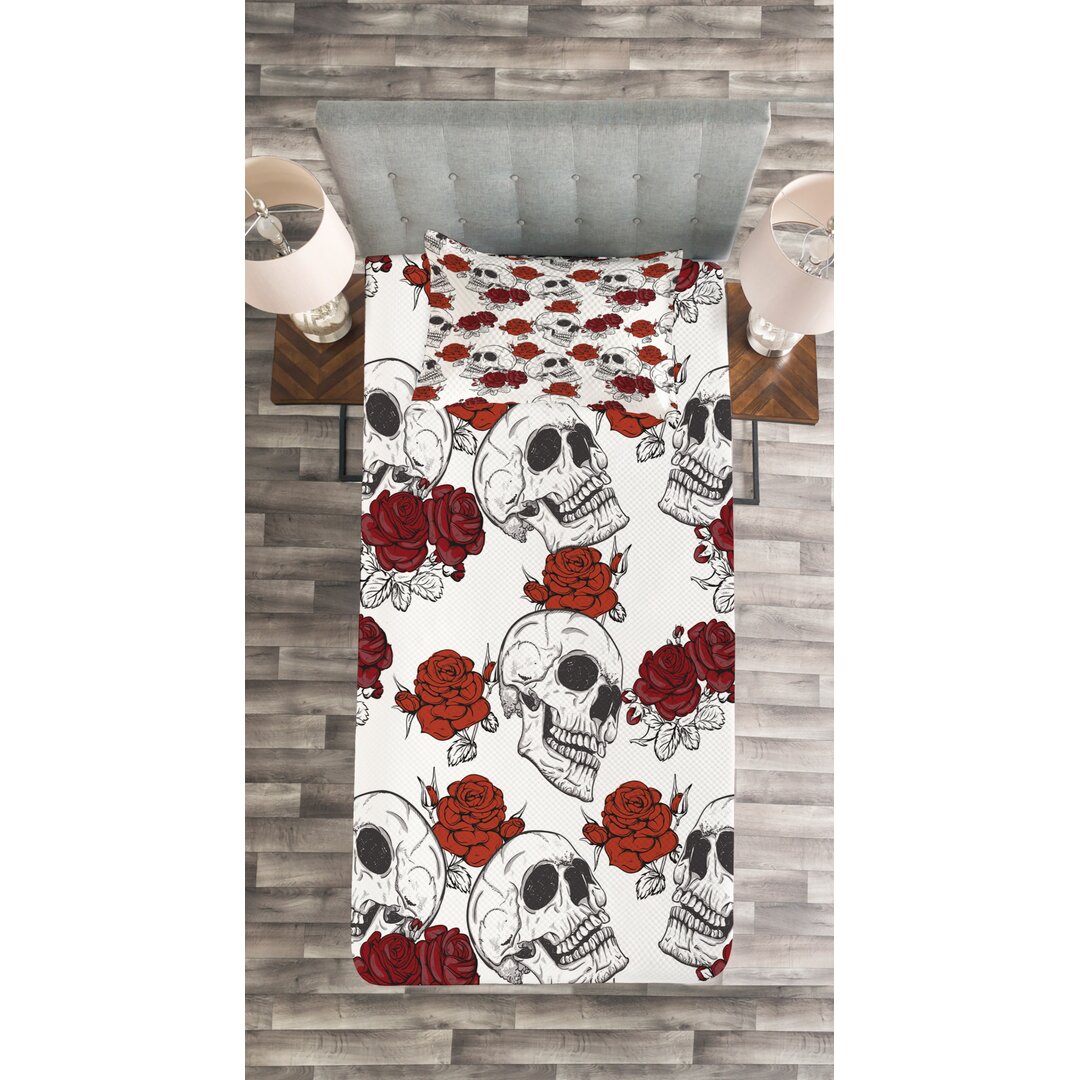 Gestepptes Bettdecken-Set, Roses Gothic Schädel, Halloween, Grau