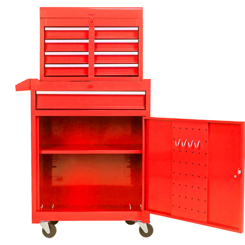 Coffre de rangement pour 5 outils avec roulettes verrouillables, plateau amovible et tablette réglable - Organisateur de garage atelier rouge