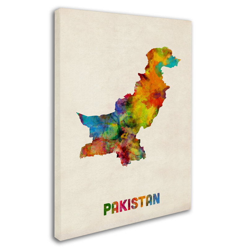 « pakistan aquarelle map », reproduction d’impression sur toile tendue, H 47 po x l 35 po x P 2 po
