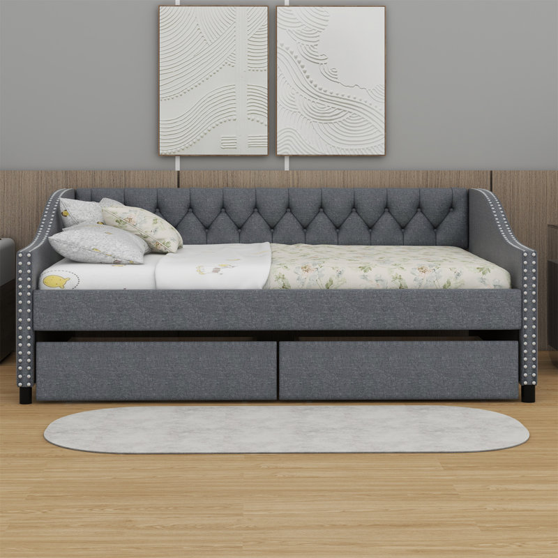 Upholstered Daybed With Two Drawers And Wood Slat Support, Gray, Full