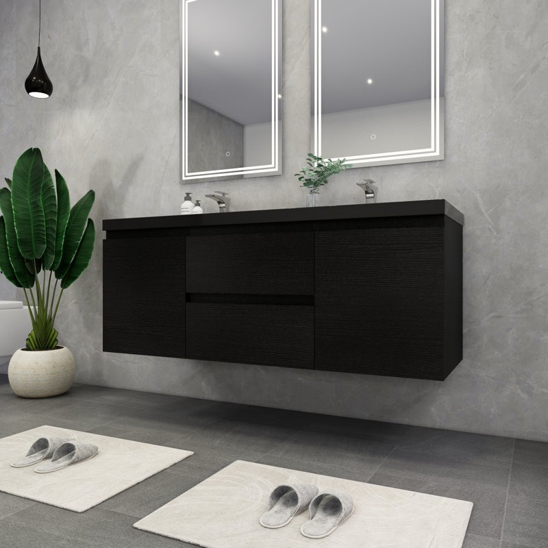 Ensemble de meuble-lavabo double mural 60 po Castin, Noir mat riche
