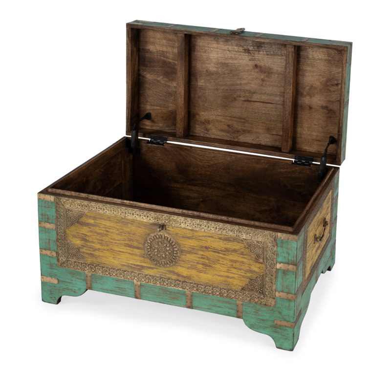 Nador Hand-Painted Brass Inlay Storage Trunk Coffee Table, Green/ Gold