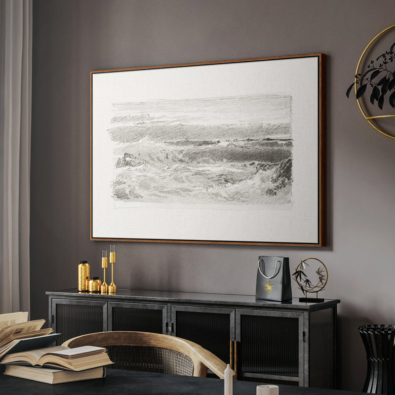 Croquis rétro - LV, Toile encadrée noyer flottant, H 25 po x l 37 po x P 2 po