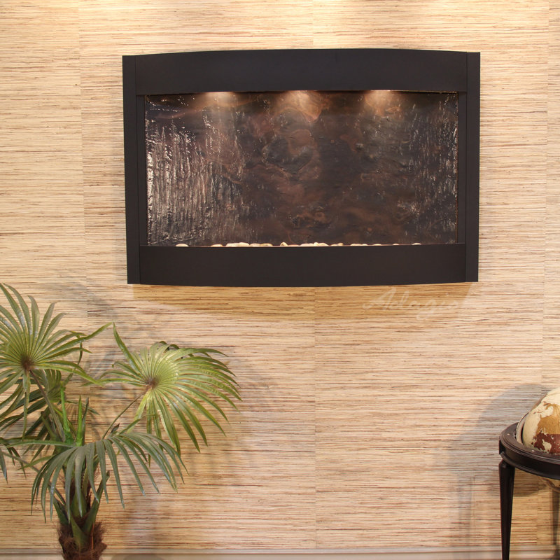 Calming Waters Natural Stone Waterfall Fountain with Light, Textured Black, Multi-Color Feather