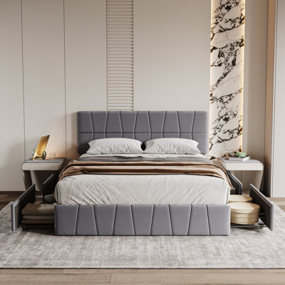 Barsky Velvet Upholstered Bed With 4 Drawers