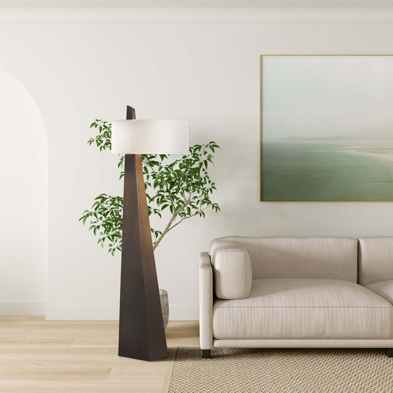 Obelisk 63" Linen Floor Lamp, Walnut Wood