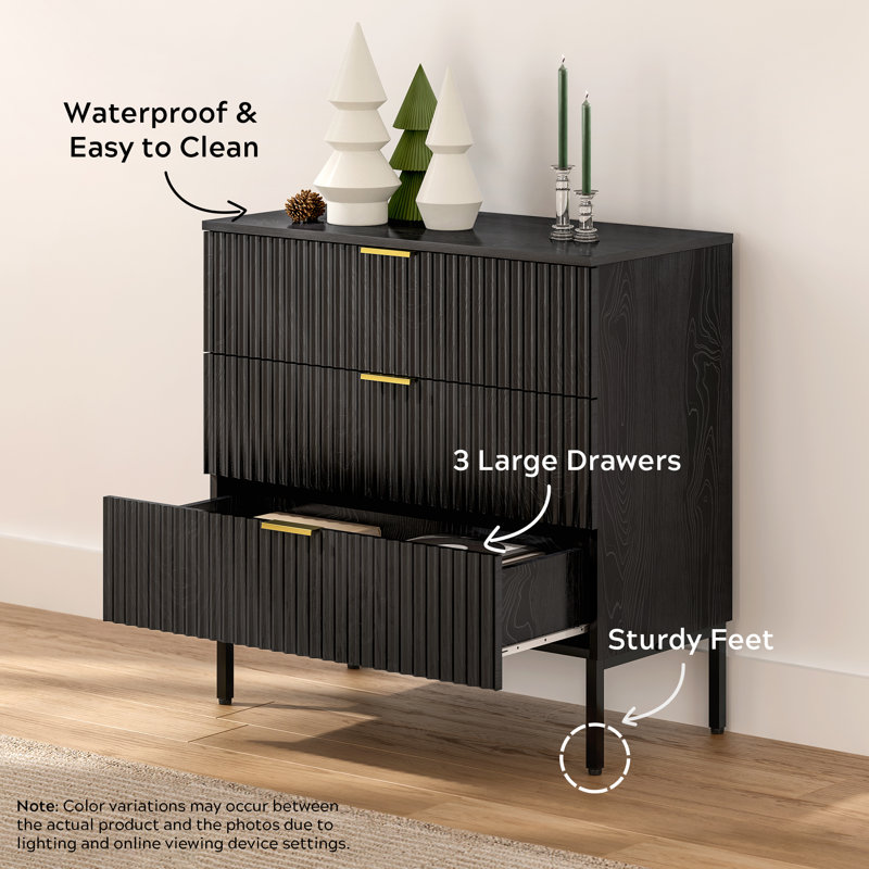 Fluted 3 Drawer Dresser With Metal Legs, Black