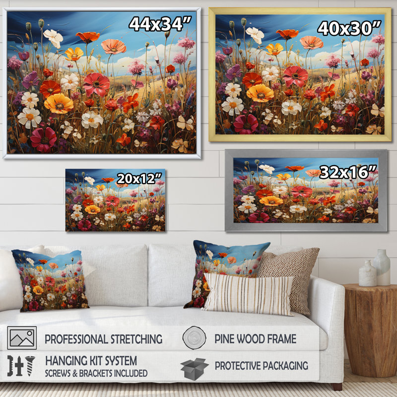 Wildflowers Symphony Field I, reproduction d'art sur toile, Cadre simple blanc, H 24 po x l 32 po x P 1 po