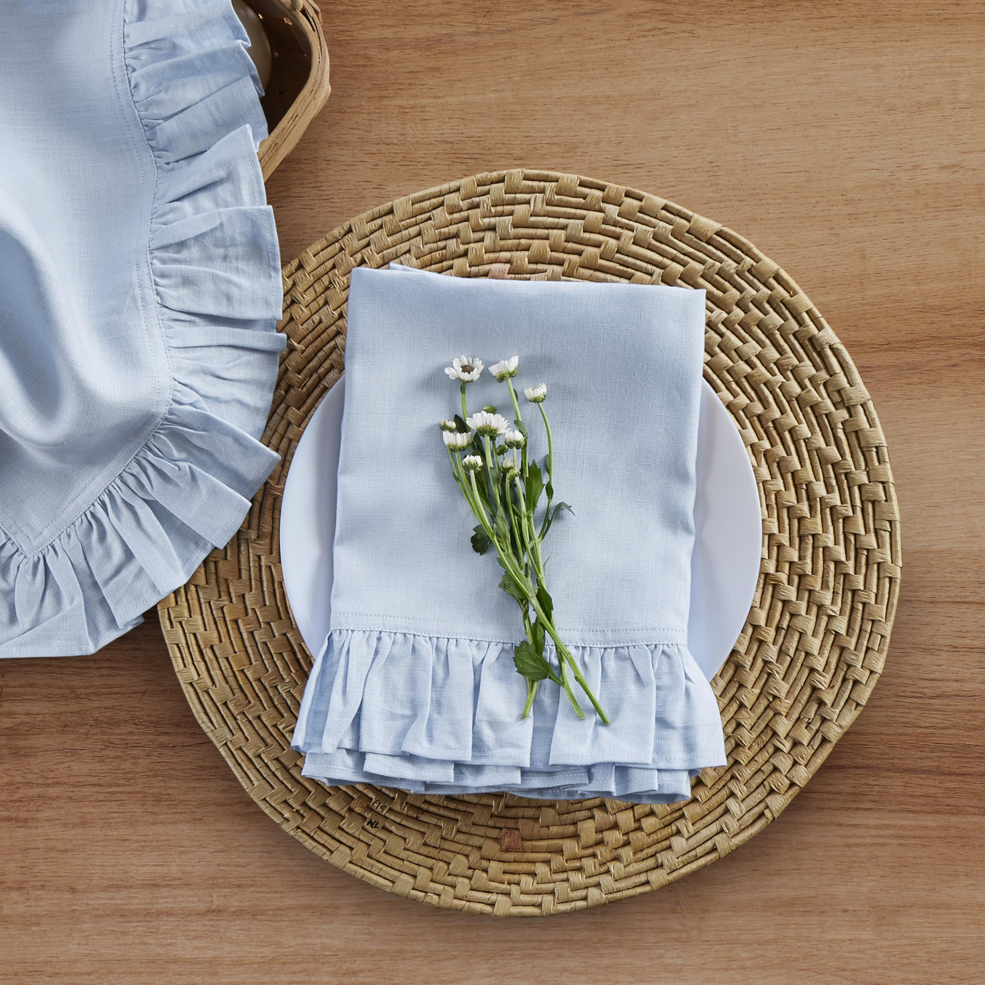 Gabrielle Ruffle - 100% Pure Linen Dinner Napkins, Sky Blue