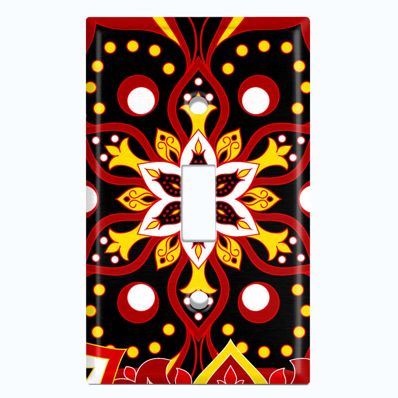 Metal Light Switch Plate Outlet Cover (Red Black Mandala Flowers Tile   - Single Toggle)