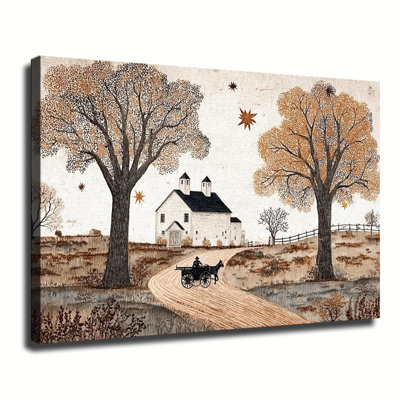 Vintage Folk Art Country Farmhouse Autumn Rural Landscape With Horse Carriage, Large Gallery Wrapped Canvas Wall Art Print For Living Room Bedroom