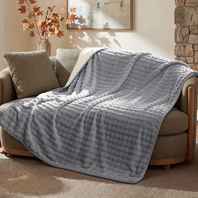 Couverture en molleton réversible imperméable avec texture bullée, protection à trois couches, housse douillette pour animaux de compagnie et famille, housse de protection pour lit et canapé, gris / blanc, 50 x 60 pouces