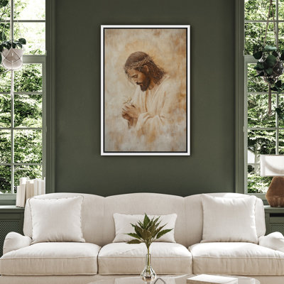 Jesus with Crown of Thorns Canvas Print Wall Art - Christian Religious Decor in Beige for Prayer Room or Hallway