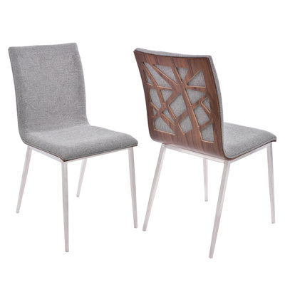 Dining Chair In Brushed Stainless Steel Finish With Gray Fabric And Walnut Back - Set Of 2