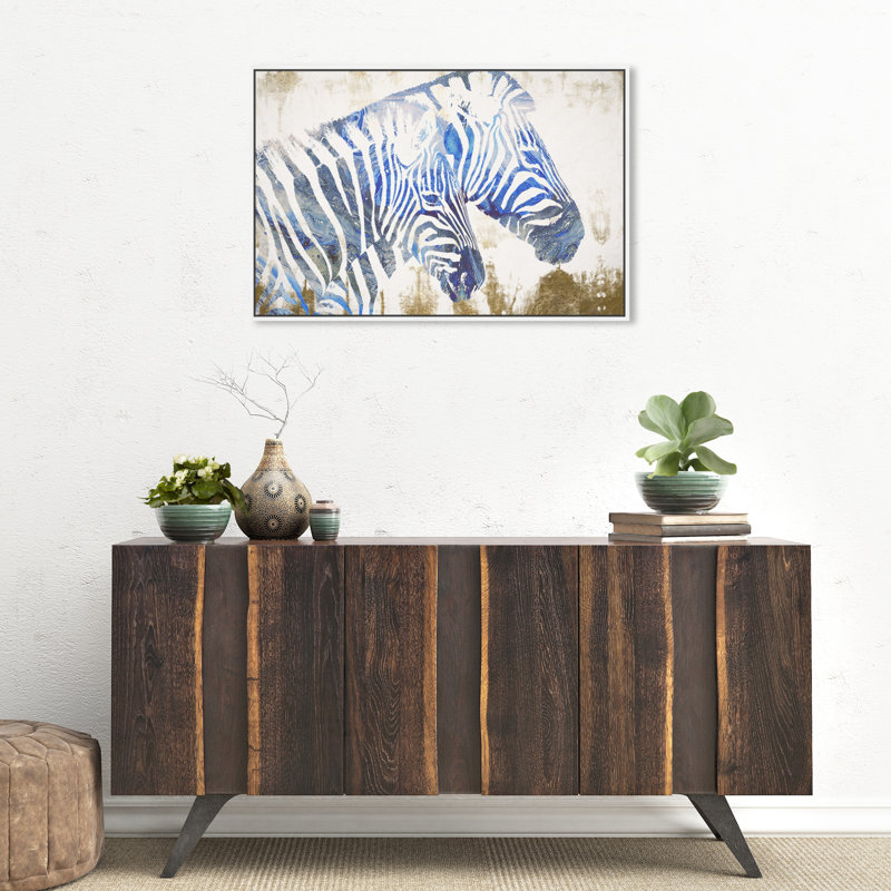 Indigo Stripes, Jungle Paint Stripes Rustic Blue - Peinture sur toile pour le salon, Cadre en bois blanc, H 21 po x l 31 po
