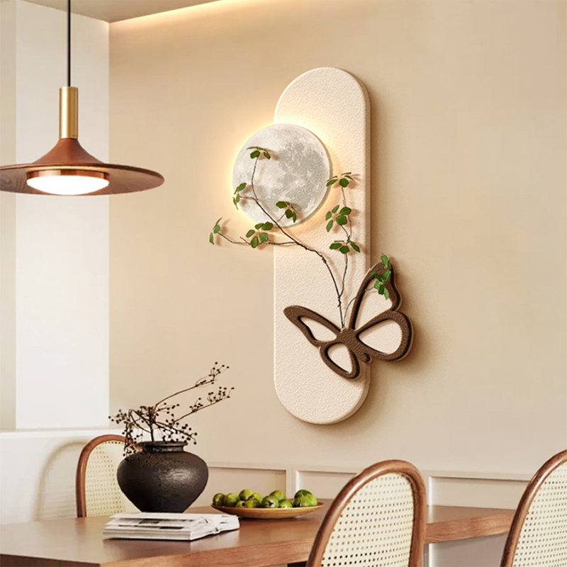 Salon de style crème en grès imitant une plante verte avec papillon et peinture suspendue, Brun