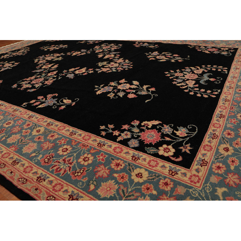 Tapis de surface en laine noir/aqua/beige 8 pi 3 po x 11 pi 5 po one-of-kind à la main noué la Eliseo