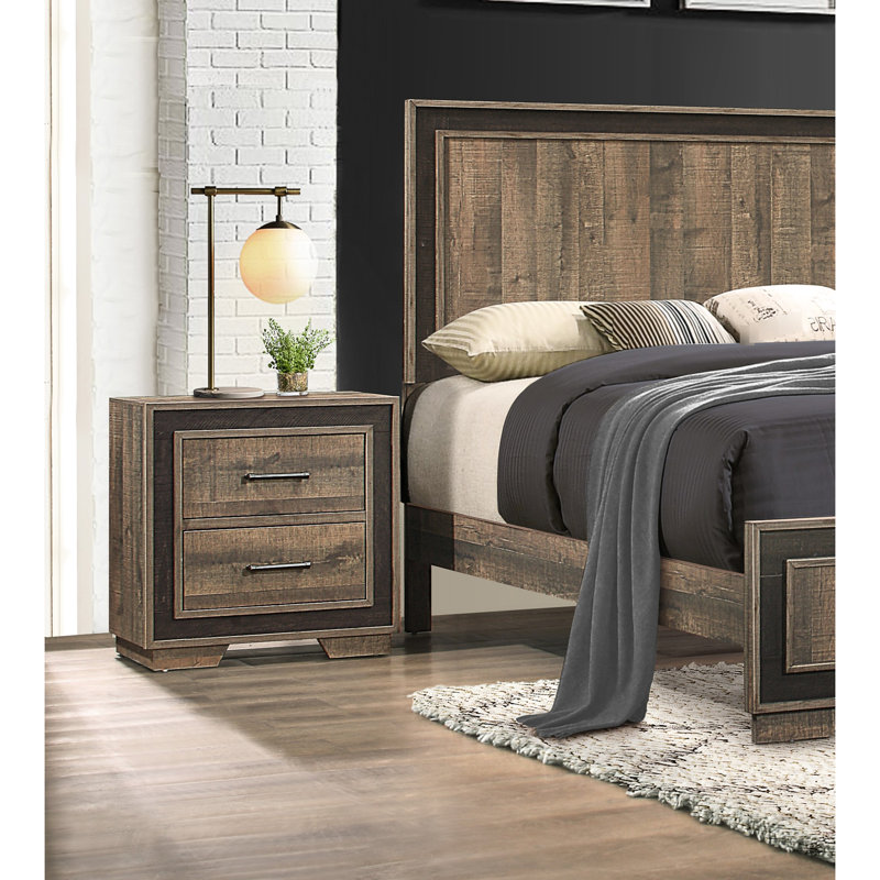 Table de chambre à coucher à 2 tiroirs rustique, table de chevet en faux bois avec placage bicolore