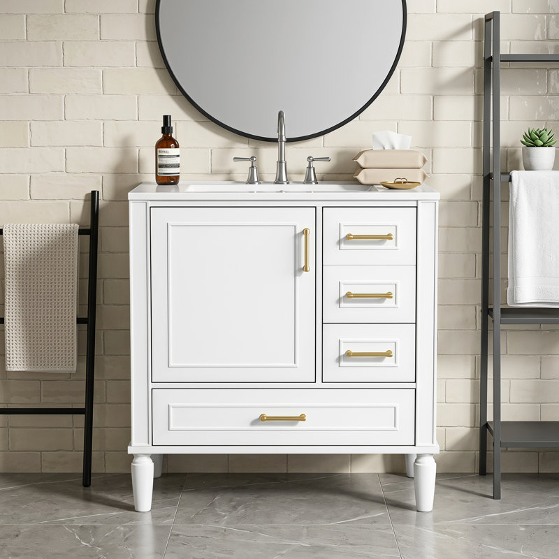 Meuble-lavabo de 30 po avec lavabo en céramique, porte à fermeture en douceur avec tablette intégrée, tiroir profond, tiroir standard, grand tiroir diviseur, grande armoire de rangement pour la salle de bain, design moderne et fonctionnel