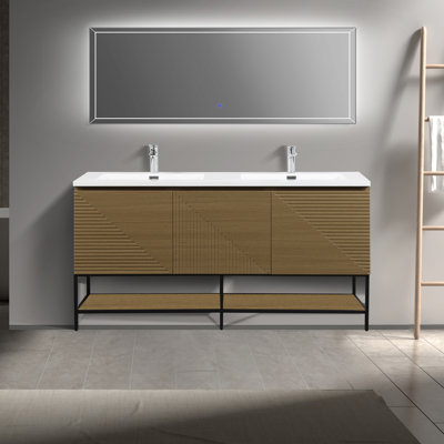 Arsenovic 60 po L x 21 po P 2 portes et 2 tiroirs Meuble-lavabo mural avec évier double et Comptoir en Quartz noir d'ingénierie