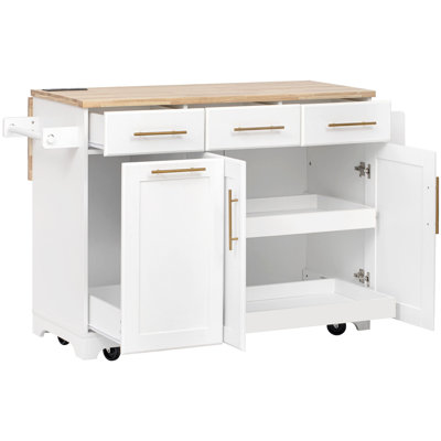 Îlot de cuisine 59,3 po avec rangement 2 armoires coulissantes et rallonge en bois d'hévéa, îlot de cuisine avec rangement pour poubelle, prise de courant, porte-épices et porte-serviettes