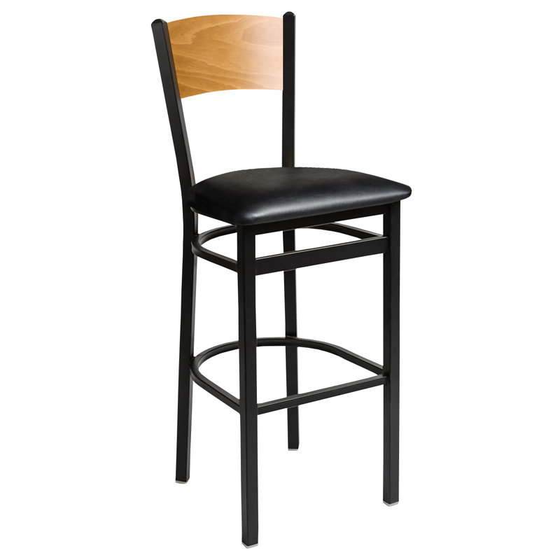 Dale Solid Wood Back Barstool - Light Cherry Back - Quick Ship Black Vinyl Seat - Steel Frame - Sand Black Finish