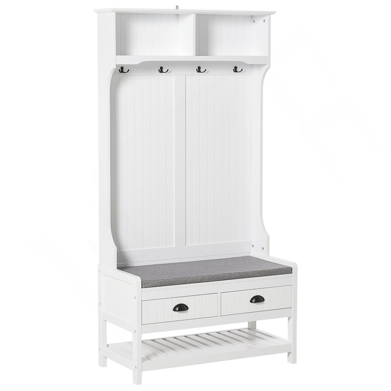 3-In-1 Hall Tree, Entryway Bench With Coat Rack, Shoe Storage, And Padded Seat For Modern Homes, White