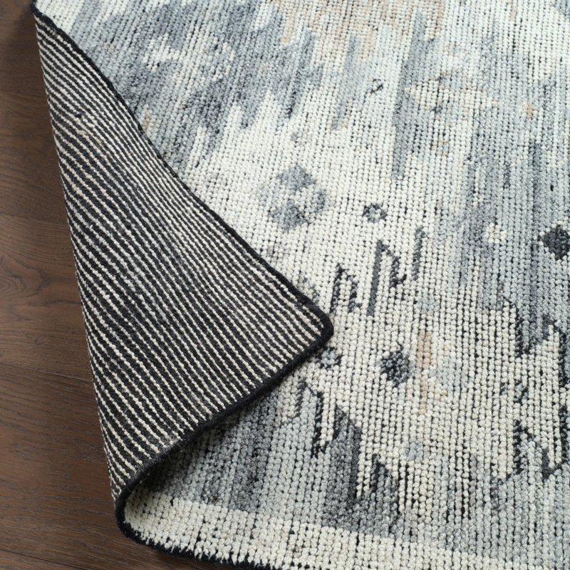 Nakoda Hand Knotted Wool Geometric Area Rug in Fungi/Jet Black/Lily White, Rectangle 8' x 10'
