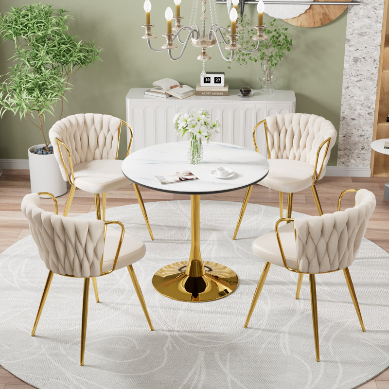 Marble Top Pedestal Dining Set, 5, Beige/Gold