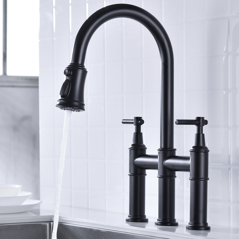 Robinet de cuisine rétractable noir mat - Interrupteur à deux poignées pour un débit et une température de l'eau réglables à 360 ° Buse rotative élevée Surface de nettoyage élargie Matériau laiton Durabilité avec poignées