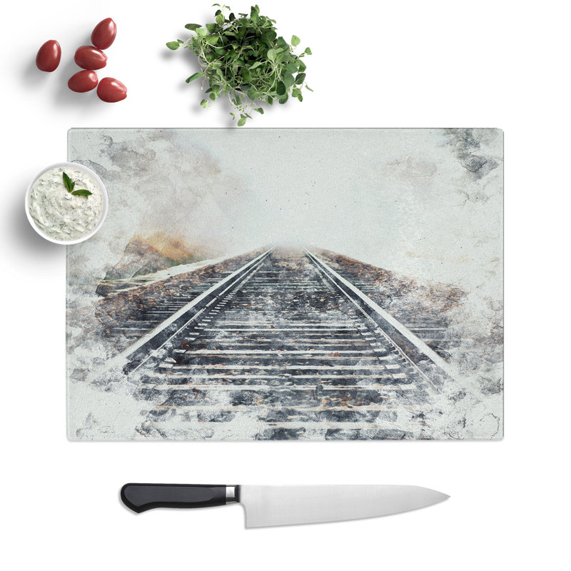 Tempered Glass Train Tracks in the Mist Watercolour Chopping Board, 28.5 cm x 39 cm