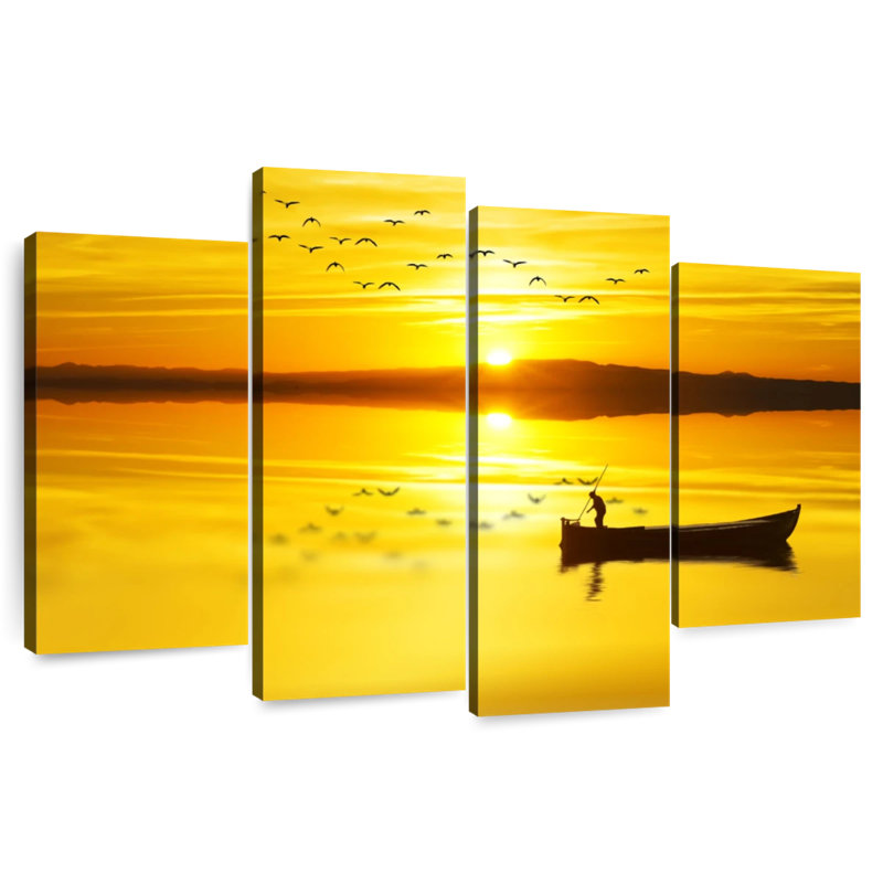 Silhouette de bateau de pêche Senne au lever du soleil, H 32 po x l 52 po