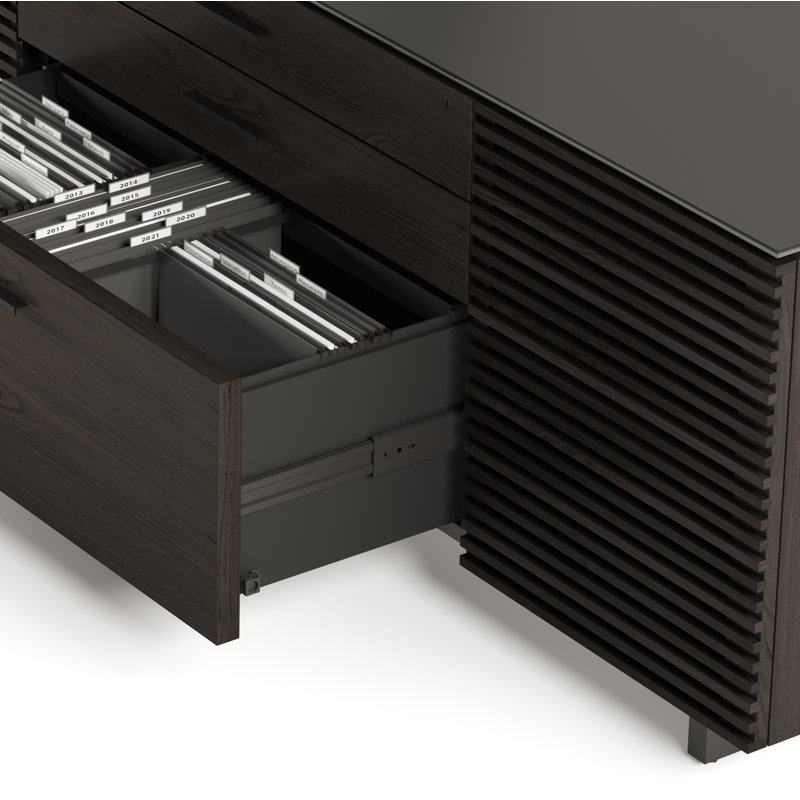 Corridor L-Shaped Glass Top Writing Desk, Charcoal Stained Ash