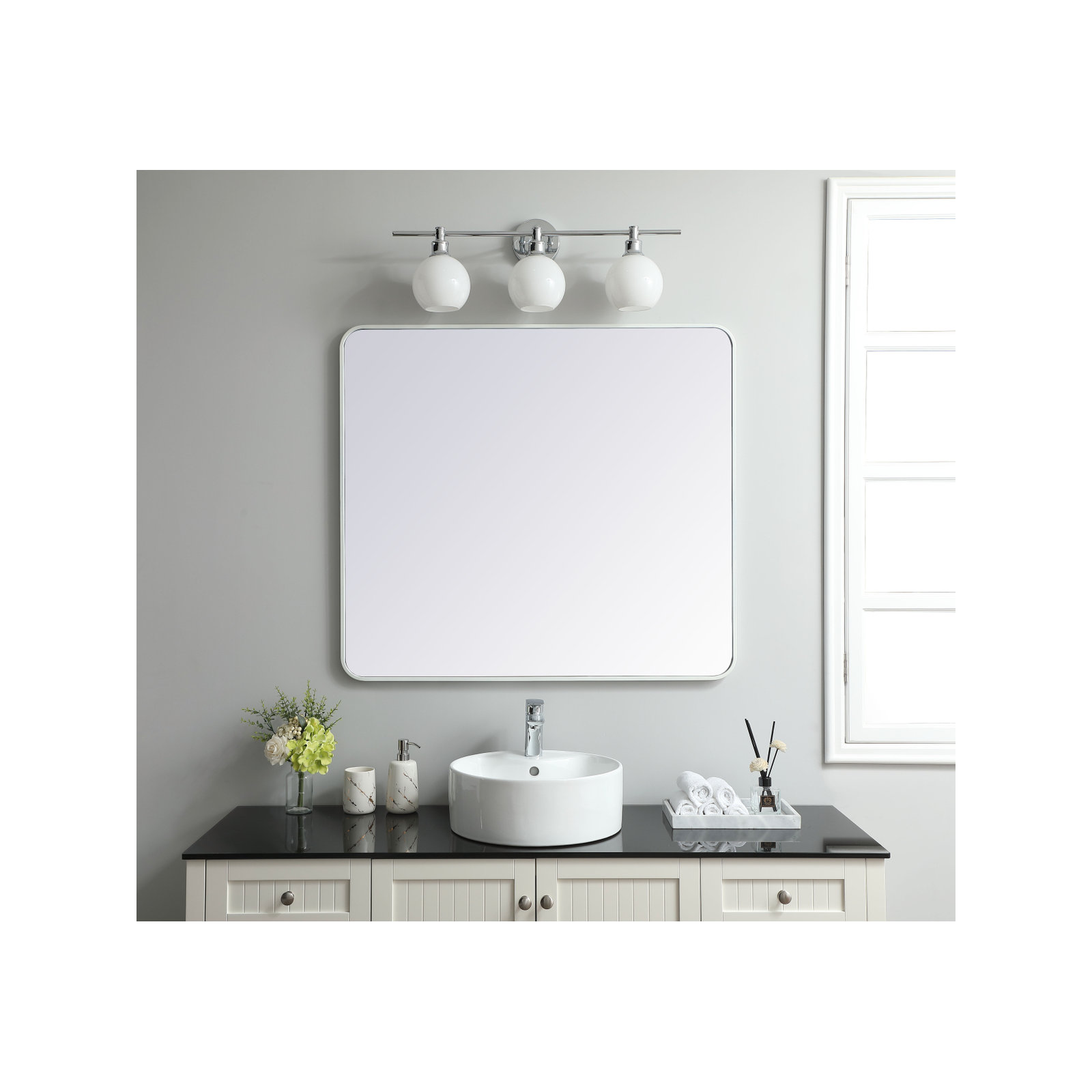 Sabine Metal Rounded Rectangle Wall Mirror, 40" x 36", White