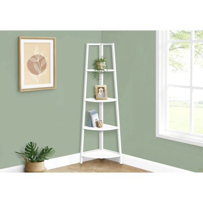Bookshelf, Bookcase, Etagere, Corner, 4 Tier, 60"H, Office, Bedroom, White Laminate, White Metal, Contemporary, Modern