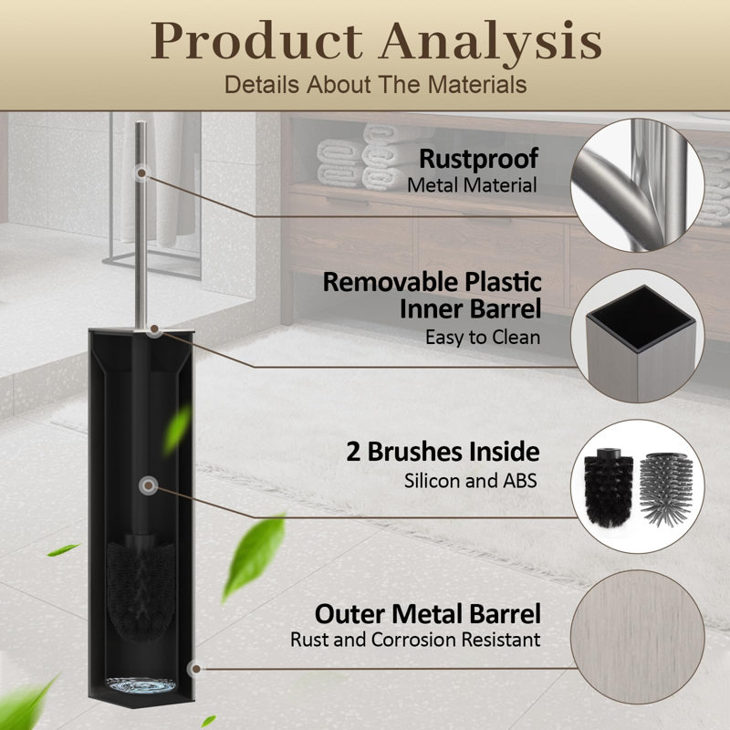 Toilet Brush and Holder Set, Wall Mounted Aluminum with Replaceable Heads, Modern Square Design, (Brushed Nickel)