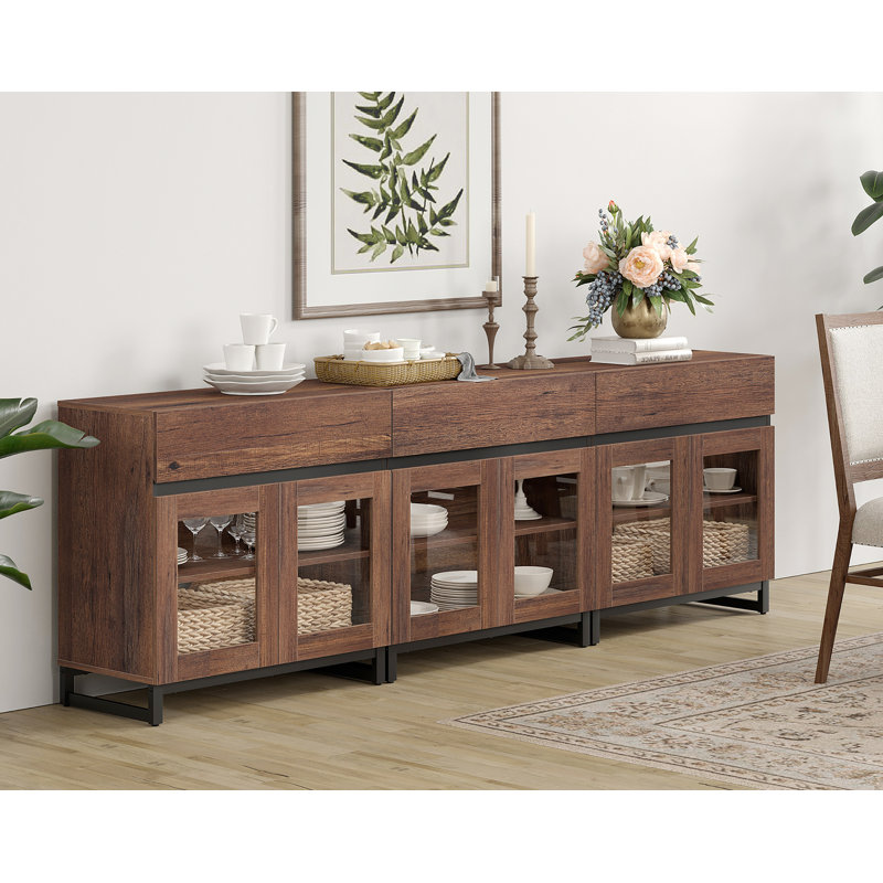 3 In 1 Multifunctional Sideboard Buffet Cabinets With 6 Glass Doors And 3 Drawers, Modern Sideboard Credenza With Metal Base, Coffee Bar Storage Cabinet For Living Room, Kitchen