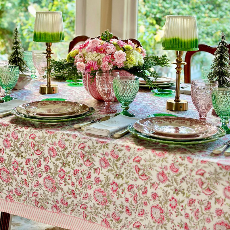 Beatrice Round Tablecloth - Pink And Green, 60" D x 120" L