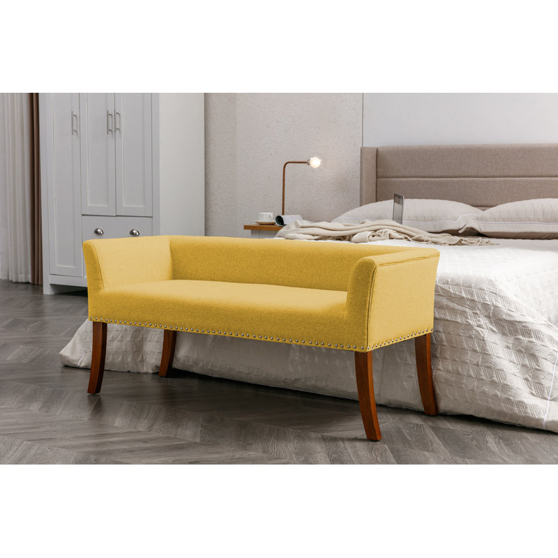 Sabrina Fabric Upholstered Bench with Rubberwood Legs, Mustard