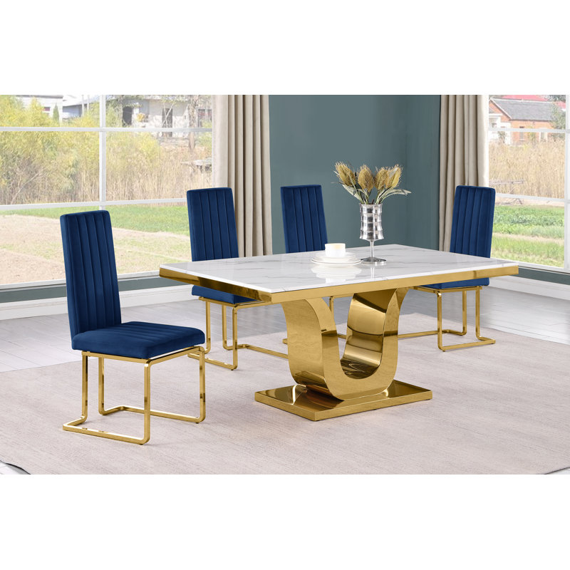 Ensemble de salle à manger rectangulaire en marbre blanc L 66 po x l 38 po Zekiah, 5, Bleu marine